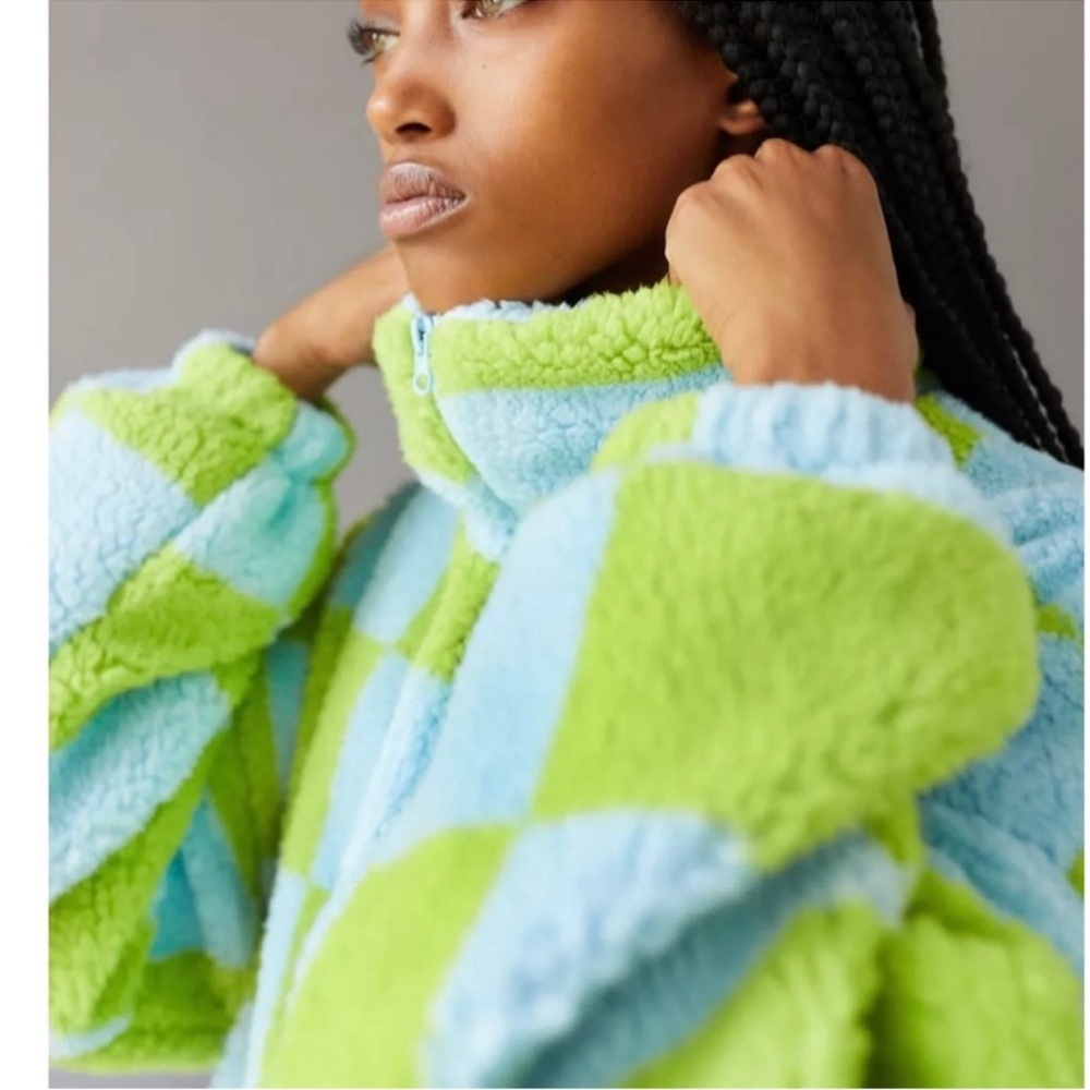Urban Outfitters Checkered Jacket Size Small Turquoise and Green Colorful Funky - Picture 2 of 14
